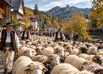 Digitally created illustration of a large flock of sheep being guided by traditionally dressed Highland shepherds through a Polish mountain town in autumn