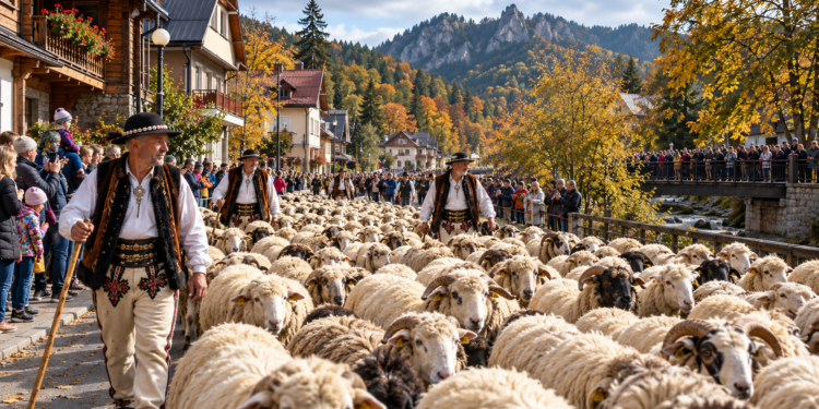 Digitally created illustration of a large flock of sheep being guided by traditionally dressed Highland shepherds through a Polish mountain town in autumn