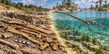 Split-time illustration showing present-day Miedary fossils beside a reconstructed Tanystropheus in a Triassic lagoon
