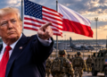Donald Trump with US and Polish flags and American military forces, illustrating plans for a permanent US base in Poland