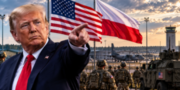 Donald Trump with US and Polish flags and American military forces, illustrating plans for a permanent US base in Poland