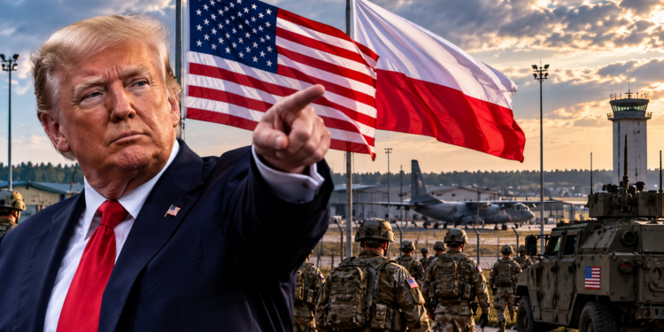 Donald Trump with US and Polish flags and American military forces, illustrating plans for a permanent US base in Poland
