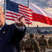 Donald Trump with US and Polish flags and American military forces, illustrating plans for a permanent US base in Poland