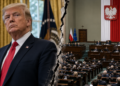 Donald Trump beside a stylised split composition of the Polish parliament, illustrating a disputed report about Poland’s ruling coalition
