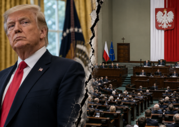 Donald Trump beside a stylised split composition of the Polish parliament, illustrating a disputed report about Poland’s ruling coalition
