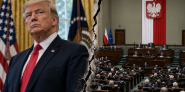Donald Trump beside a stylised split composition of the Polish parliament, illustrating a disputed report about Poland’s ruling coalition