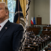 Donald Trump beside a stylised split composition of the Polish parliament, illustrating a disputed report about Poland’s ruling coalition