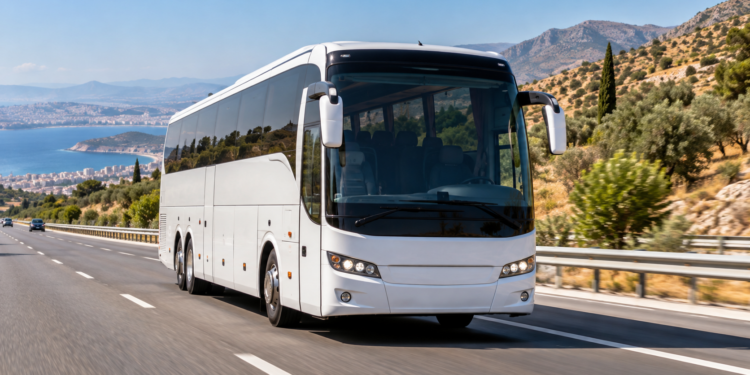 Digitally created illustrative image of an undamaged white tourist coach on a motorway in western Turkey, unrelated to the actual crash scene