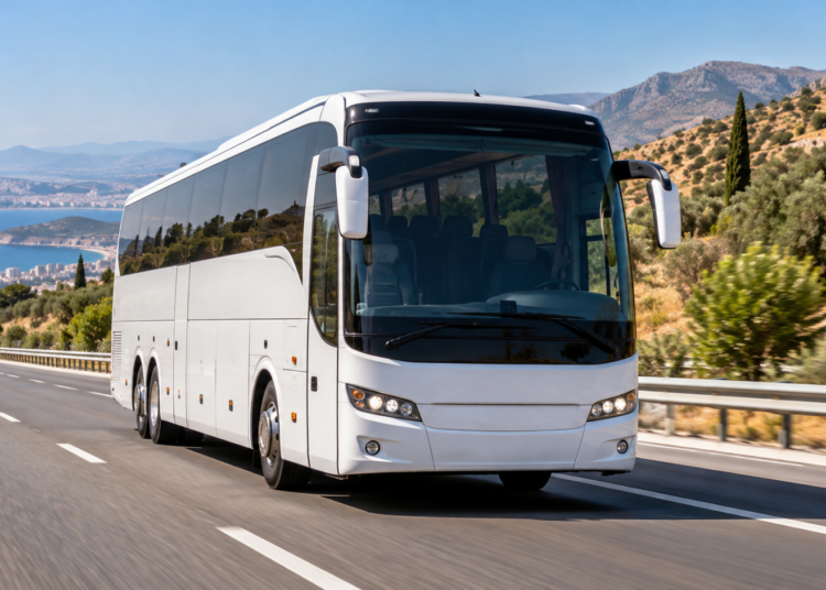 Digitally created illustrative image of an undamaged white tourist coach on a motorway in western Turkey, unrelated to the actual crash scene