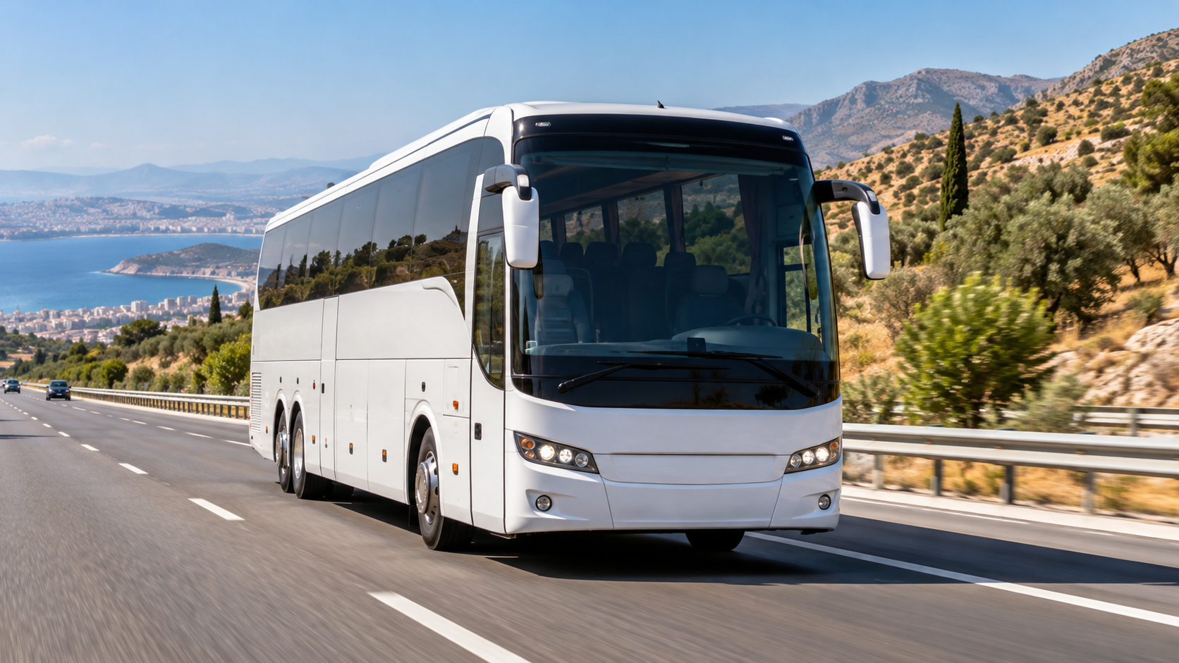 Digitally created illustrative image of an undamaged white tourist coach on a motorway in western Turkey, unrelated to the actual crash scene