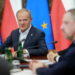 Government officials seated at a conference table with Polish and European Union flags in the background