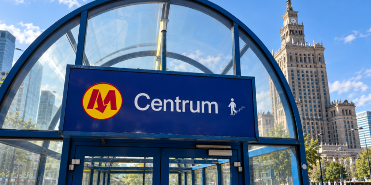 Digitally created illustration of Warsaw Centrum metro station's blue entrance sign and the Palace of Culture and Science behind it under a bright sky.