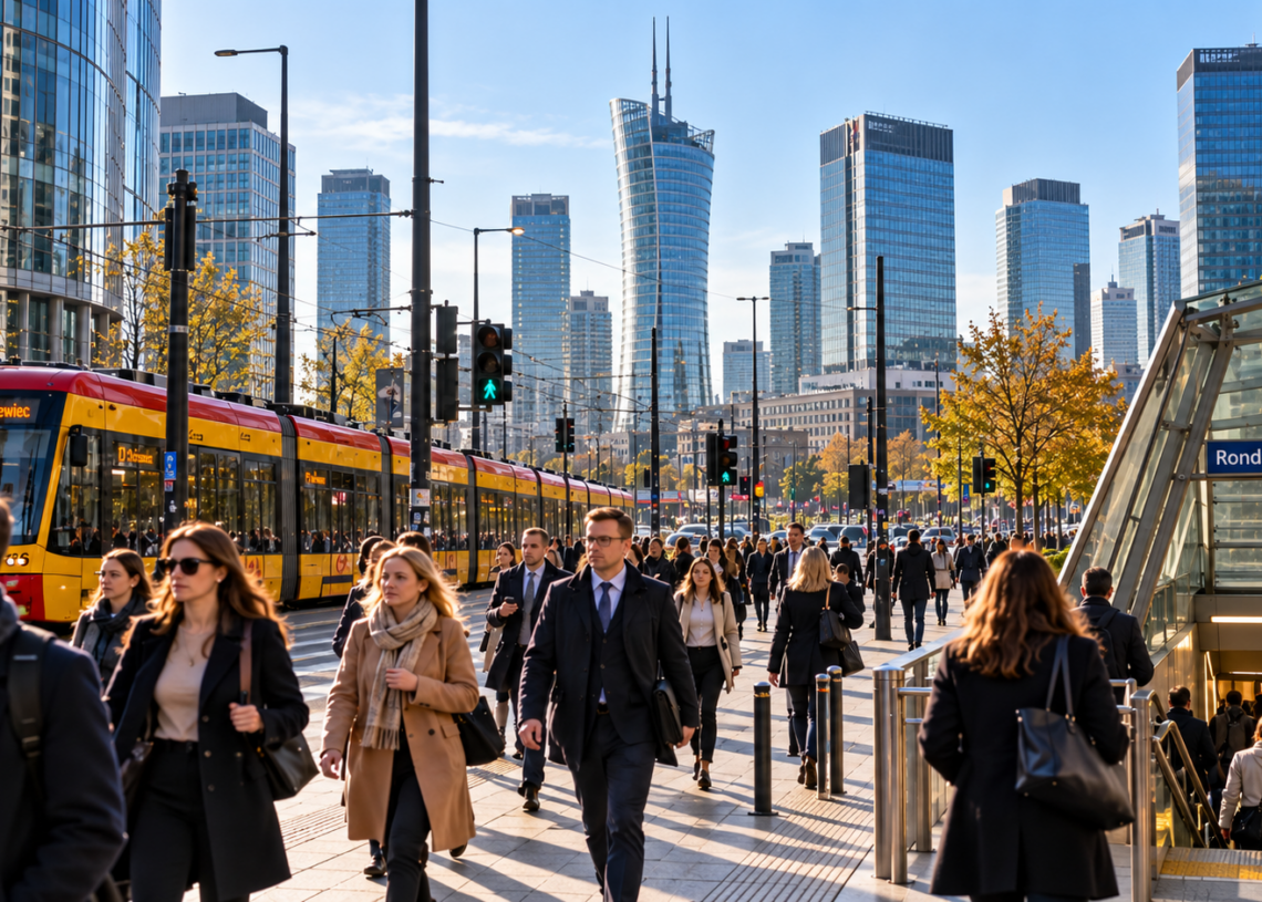 Morning commuters at Rondo Daszyńskiego in Warsaw with trams and the city business skyline
