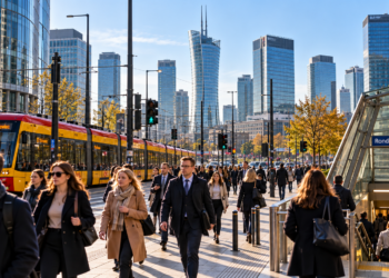 Morning commuters at Rondo Daszyńskiego in Warsaw with trams and the city business skyline