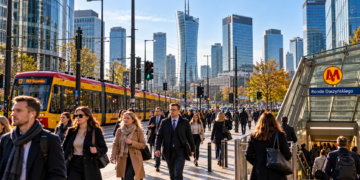 Morning commuters at Rondo Daszyńskiego in Warsaw with trams and the city business skyline