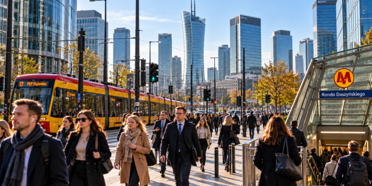 Morning commuters at Rondo Daszyńskiego in Warsaw with trams and the city business skyline