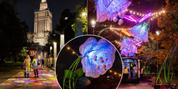 Editorial photo collage showing the illuminated Palace of Culture and Science, projected colours on a park walkway and glowing floral light installations in Warsaw; not a photograph of the 15 October opening ceremony.