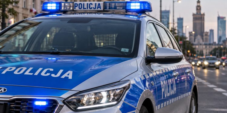 Digitally created close-up editorial image of a Polish police car in Warsaw