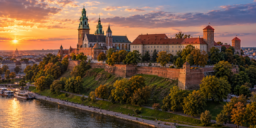 Illustrative sunset view of Wawel Castle on its hill overlooking the Vistula River in Kraków.