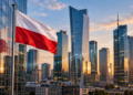 Polish flag overlooking Warsaw’s modern business skyline with a subtle upward growth chart motif