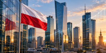 Polish flag overlooking Warsaw’s modern business skyline with a subtle upward growth chart motif