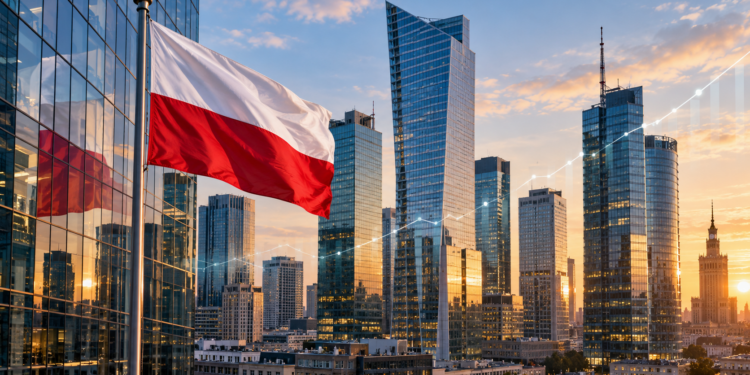 Polish flag overlooking Warsaw’s modern business skyline with a subtle upward growth chart motif