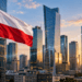Polish flag overlooking Warsaw’s modern business skyline with a subtle upward growth chart motif