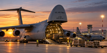 Digitally generated illustration of a US C-5M transport aircraft with its cargo bay open, ground crew and military vehicles on an airfield; not the future Wrocław facilities.