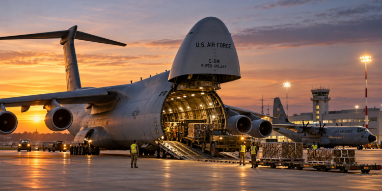 Digitally generated illustration of a US C-5M transport aircraft with its cargo bay open, ground crew and military vehicles on an airfield; not the future Wrocław facilities.