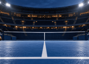 Digitally created illustration of an empty blue hard-court tennis stadium under floodlights, with sports bags and rackets beside the net.