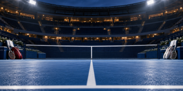 Digitally created illustration of an empty blue hard-court tennis stadium under floodlights, with sports bags and rackets beside the net.