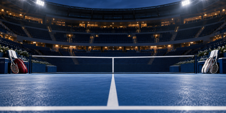 Digitally created illustration of an empty blue hard-court tennis stadium under floodlights, with sports bags and rackets beside the net.